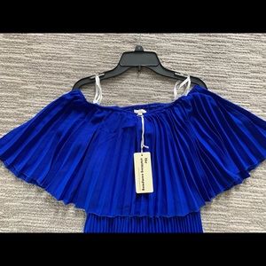 Off the shoulder pleated blue maxi dress